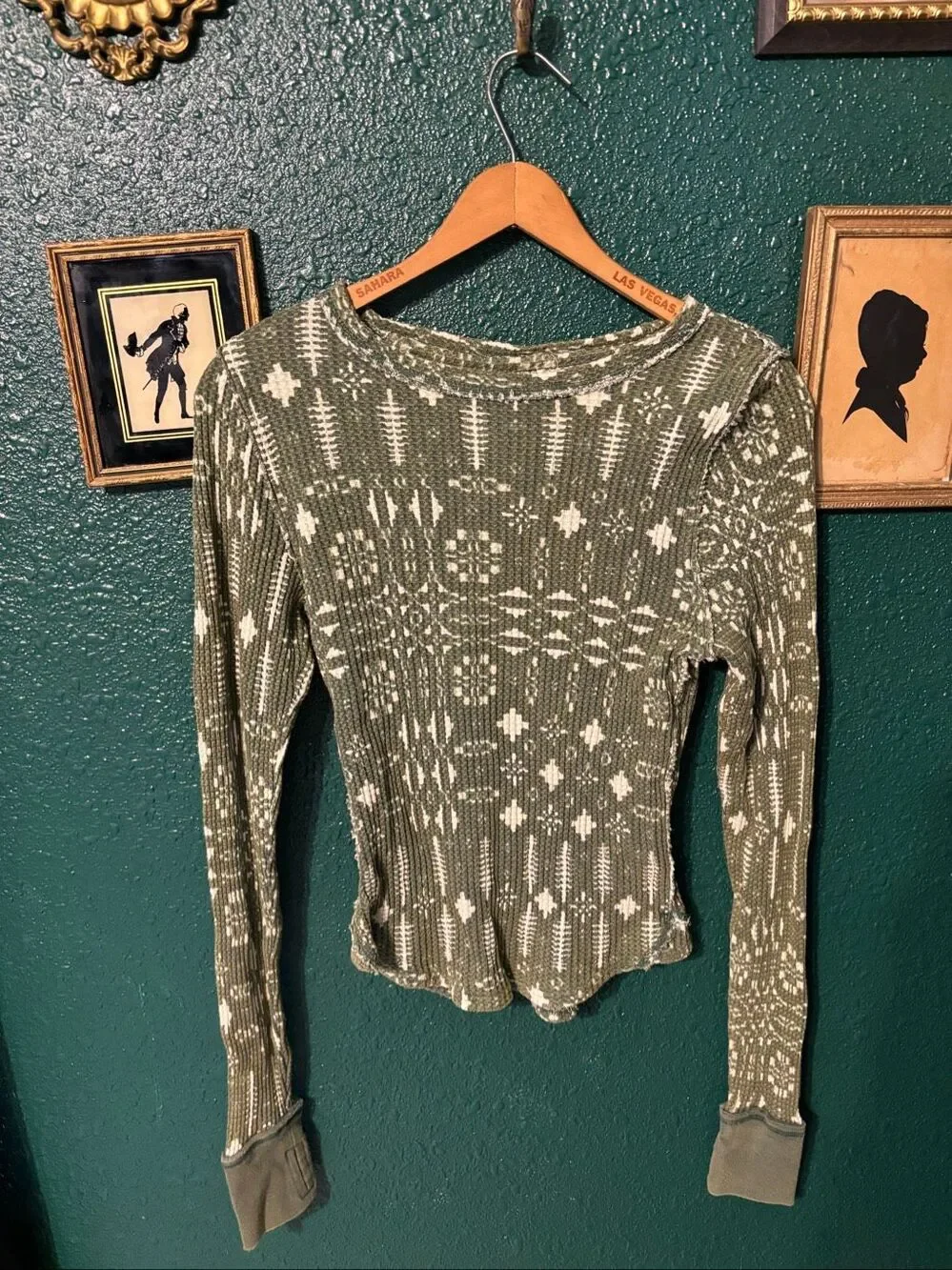 Free People Green Printed Thermal Long Sleeve Hoodie Sz Medium